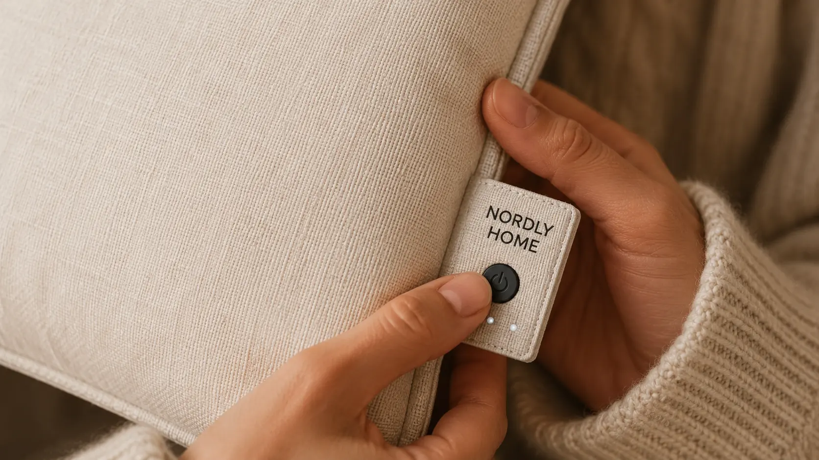 Nordly Home warmtekussen op een lichte bank in een rustig interieur